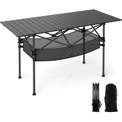 Klappbarer Campingtisch mit aufrollbarer Aluminiumplatte, Schwarz
