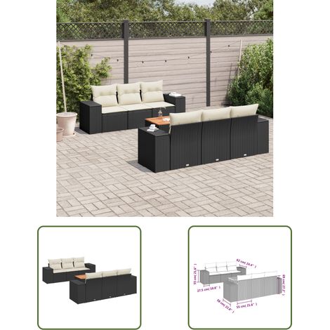 The Living Store Salon de jardin 7 pcs avec coussins noir résine tressée - Ensemble Salon De Jardin - Meuble Extérieur - Résine Tressée - Rotin Synthétique - Fauteuil Jardin