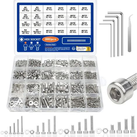 Coffret visserie inox 304 880 pièces - Assortiment de vis à tête cylindrique 6 pans creux (CHC/BTR), écrous hexagonaux et rondelles plates (1/5)
