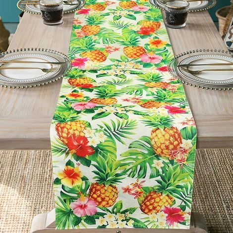 Tropischer hawaiianischer Sommer-Tischläufer, sommerliche Tischdekoration mit Ananas- und Palmenblattmustern für die Küche (1/5)