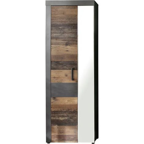 Armoire 1 porte mélaminé chêne foncé et gris avec miroir Orcel (1/5)
