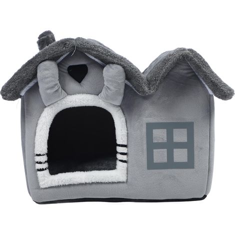 Niche d'intérieur à double toit avec coussin amovible et housse lavable, niche grotte pour petits chiens (taille M) (1/5)