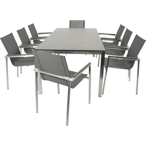 MELBOURNE: Garnitur 9-teilig (8x Stapelsessel mit Armlehnen, 1x Tisch200x100cm rechteckig), Gestell Edelstahl poliert,  Bezug Kunstgewebe grau mit Polsterung, Tischplatte Glas in Keramikoptik grau