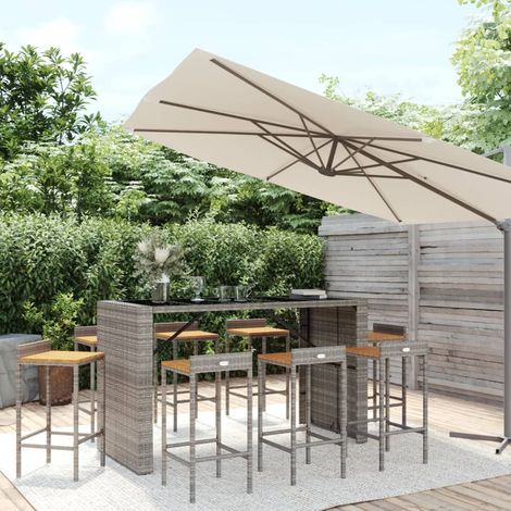 9-tlg. Gartenbar-Set Grau Poly Rattan & Massivholz Akazie (1/5)
