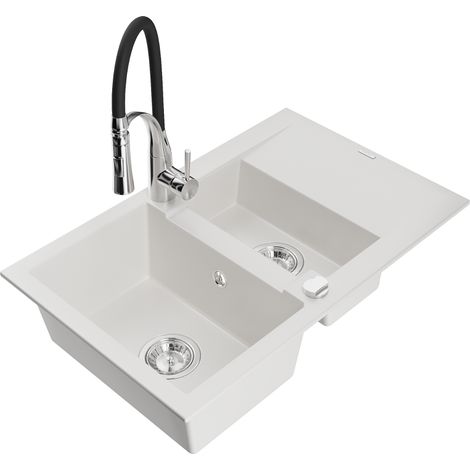 Mexen Gaspar lavello in granito 1,5 vasche con scolapiatti e rubinetto da cucina Aster, bianco - 6507-20-73450-07 (1/5)