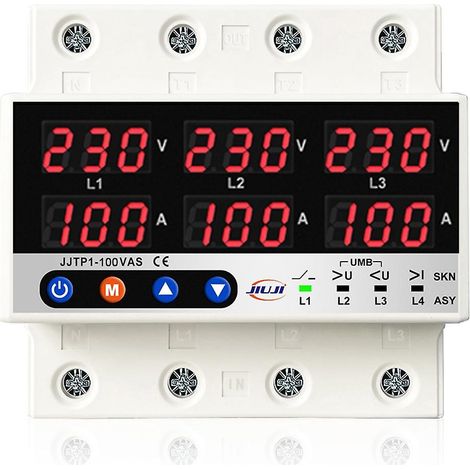 Interrupteur de protection triphasé contre les surtensions et les surintensités, modes de fonctionnement synchrone et asynchrone, version avec plusieurs sectionneurs de 100 A et design multicolore