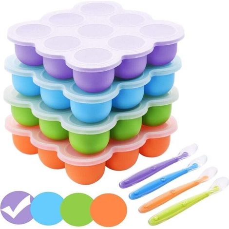 Boîte de Rangement Congelée Pour Aliments Pour Bébés, Bébé Récipient en Silicone avec Couvercle Hermétique et 9 Alvéoles Indépendantes, Stockage De Nourriture Plateau de Congélateur, 9 x 75ml, Violet (1/4)