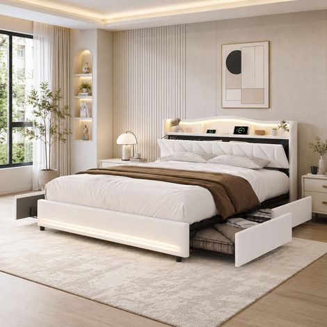 Lit coffre 160×200 cm,4 tiroirs de rangement,lit double,lumière LED et port USB,lit capitonné,tête de lit avec rangement,cadre de lit 160×200,sommier à lattes,style moderne,lit adultes,Velours,Beige (1/5)