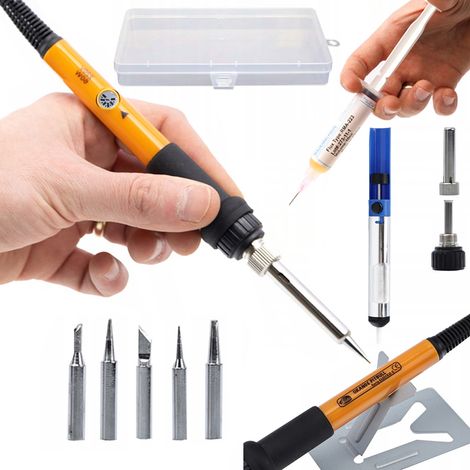 Rosfix Set Orange Pitbull OP60W – Elektrischer Lötkolben 60 W mit Temperaturregler  200–450 °C, 6 Spitzen, Entlötpumpe, Flux, Organizer  Lötzubehör für Elektronik