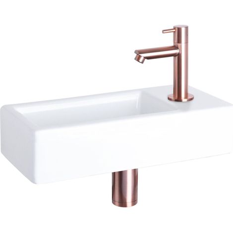 Differnz Hura kit lave-mains - 37,5x18,5x9cm - Rectangulaire - 1 trou de robinet - Robinet droit en cuivre rose - Céramique blanche
