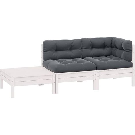 3-tlg. Garten-Lounge-Set mit Kissen Weiß Kiefer Massivholz