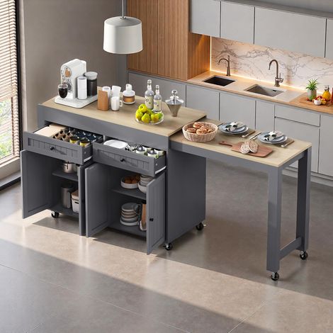 îlot de cuisine extensible sur roulettes 112-180.5x45x92.2 cm,îlot de cuisine mobile avec plan de travail et tiroirs,Table de bar(Naturel+Gris)