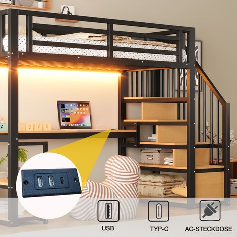 Lit 90x200 cm, mezzanine en métal noir avec barre LED et prise intégrée, échelle de rangement, étagères et bureau, garde-corps de sécurité, cadre en fer robuste pour soutien stable. (1/5)