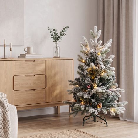 Albero di Natale innevato a led con pigne e palline rosse 90 cm