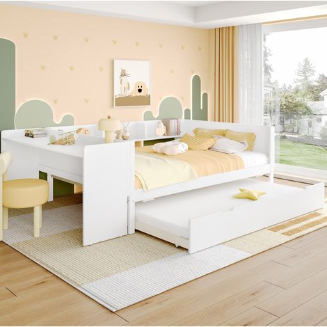 MEUBLIV Lit 140x200 cm blanc – avec bureau, lit gigogne et rangements, sans matelas (1/5)
