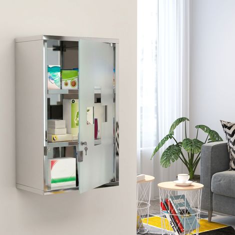 Armoire à pharmacie murale à trois niveaux en acier inoxydable avec porte vitrée verrouillable et 2 clés