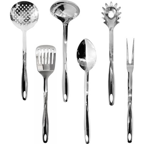 Set 6 mestoli da cucina schiumarola forchettone cucchiaione prendi spaghetti in acciaio inox 18/10 Made in Italy spessore 2mm (1/5)