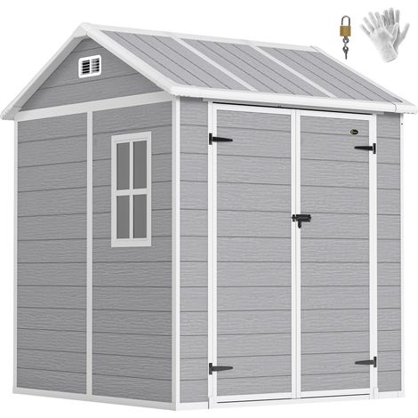 Beyamis Gartenhaus (1,8 x 1,8 m) mit Boden, Fenster, abschließbaren Türen und Lüftungsöffnungen, Geräteschuppen aus Kunstharz in Holzoptik für Terrasse und Garten, Grau