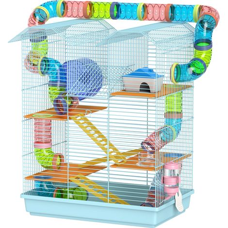 5-stöckiger Hamsterkäfig mit bunten Röhren, Laufrad, Häuschen und Zubehör, 47 x 30 x 59 cm, Blau