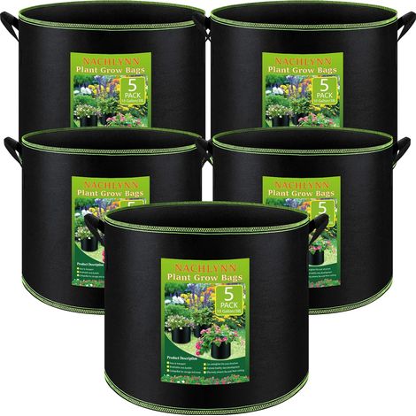 Sacs De Culture - Lot De 5 - Tissu Non Tissé - Aération Racinaire - Jardin Intérieur Et Extérieur - 10 Gallons Noir
