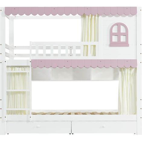 Cama litera infantil 90x200 cm con ventanas, cortinas, almacenaje y 2 cajones (1/5)