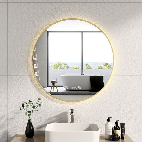EMKE Espejo de baño LED con interruptor táctil, antivaho, reloj, temperatura, regulable, función de memoria, luz neutra, diámetro 80 cm, marco de cobre