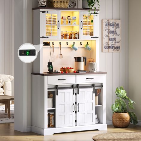 Buffet de cuisine 180x108x40 cm avec LED RGB, prises et USB, 6 tiroirs, portes vitrées, MDF blanc (1/5)