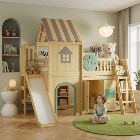 Lit mezzanine 90x200 cm avec escalier 3 marches et toboggan – Pin et MDF – avec rangements armoire et tiroirs,vert et naturel (1/5)
