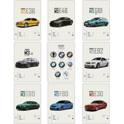 Lot de 9 posters de voiture Multicolore Décoration murale 20 x 30 cm Décoration murale pour bureau, salon Cadeau de voiture pour les hommes (1/5)