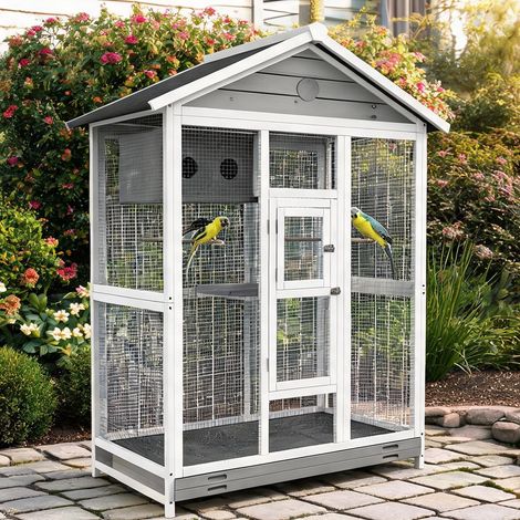 SunJet Cage pour oiseaux, volière, en bois et acier, 4 perchoirs - Réf. H7P06JKAWWUV (1/5)