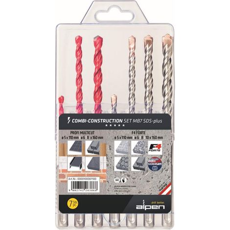 Alpen 0000100007100 SDS-plus MB 7 7 parti Assortimento punte universali Metallo, Pietra, Calcestruzzo, Legno, Muratura