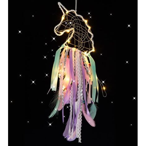 Attrape-rêves licorne LED attrape-rêves fait à la main attrape-rêves en plumes colorées avec lumières cadeaux pour filles décorations murales, ornements artisanat et accessoires de chambre à coucher-v