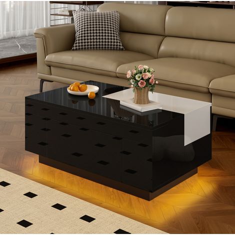 Tavolino da caffè LED estensibile nero e bianco lucido con vano nascosto, MDF HAVRYA (1/5)