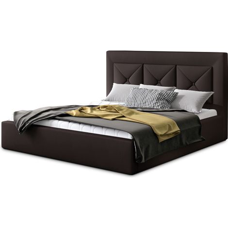 Lit moderne en simili cuir CLARIN - Avec ou sans rangement avec sommier-Marron-180x200-Version avec sommier (1/4)