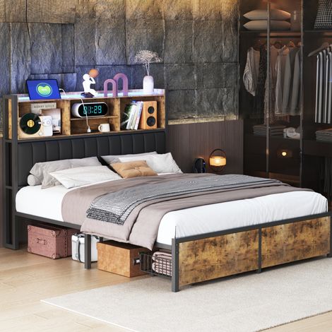 Cama de matrimonio de 140x200 cm – Terciopelo – Iluminación LED – Puerto USB/Tipo C – Cabecero convertible – Base de láminas (1/5)