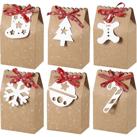 PRETYZOOM Lot de 6 boîtes à bonbons portables de Noël, idéales pour la pâtisserie et le rangement de biscuits. Boîtes cadeaux en papier kraft avec ruban et ruban.