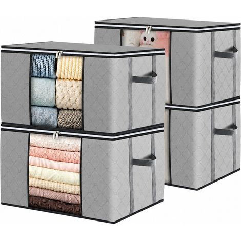 Sac de rangement pour couette, en tissu non tissé, à carreaux gris clair, 90 L, poignée renforcée, organisateur de vêtements de chambre à coucher, à carreaux gris clair, 4 x 90 L (1/4)