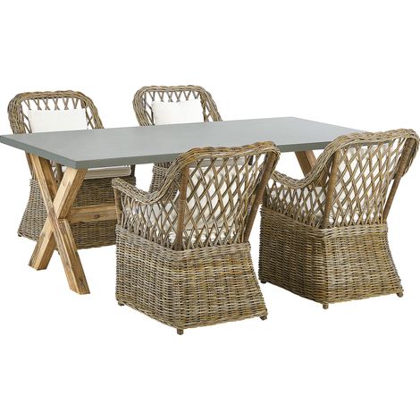 Conjunto de comedor 4 plazas de ratán natural gris madera clara blanco crema hormigón cojines de algodón jardín Maros/Olbia