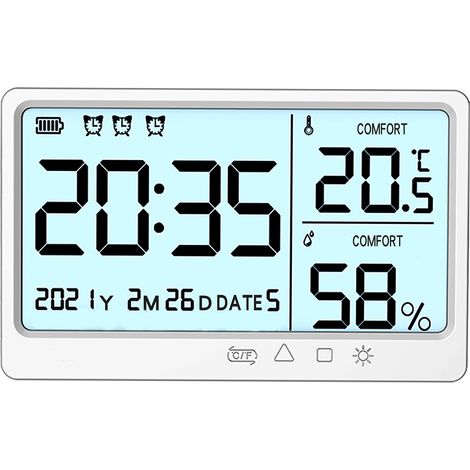 Termómetro higrómetro digital con reloj y alarma, pantalla retroiluminada, precisión de ±1 °C, recargable por USB, para bebés. (1/5)