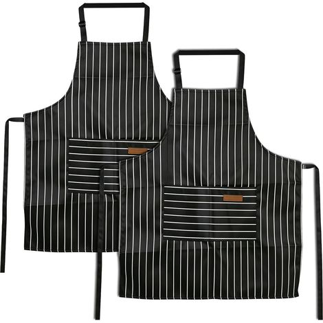 2 PièCes Tablier De Cuisine Femme MéLange Coton-Lin Rayé Tablier De Cuisine RéSistant à L'Eau Et Aux Taches Tablier Cuisine Femme Pour La Cuisine, Le Jardinage, Le Bricolage Et Les Barbecues Noir (1/5)
