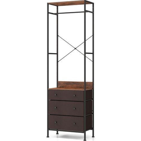 Dressing ouvert penderie tringle réglable 3 positions étagères et 3 tiroirs amovibles cadre métal pour chambre entrée marron (1/5)