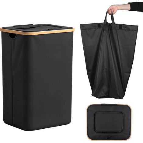 Panier à Linge avec Couvercle et Sac Intérieur Amovible 100L Corbeille à Linge Pliable Grande Capacité, Bac à Linge Sale avec Poignées pour Chambre, Buanderie, Salle de Bain, Noir (1/5)