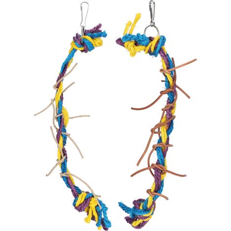 Jouet à mâcher en corde pour oiseaux de compagnie, trois couleurs contrastées, pour perroquets, avec nœud à mâcher et pendentif pour cage. (1/5)