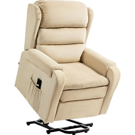 Fauteuil Reclinable Électrique à Soulèvement Personne 160°, Siège Relax Motorisé en Velours avec Télécommande, Repose-Pieds et Poches Latérales, Crème (1/5)