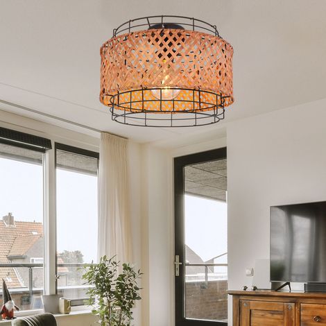 Plafoniera in metallo nero rotonda sala da pranzo gabbia lampada illuminazione soffitto con paralume in bambù, forma a griglia, 1x E27, DxH 35x24,5 cm