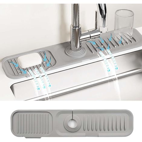 Tapis de robinet en silicone à bord étroit pour évier de cuisine, 45 x 10 cm, tapis récupérateur d'eau incliné à 5°, tapis de rangement pour évier de cuisine, salle de bain, comptoir (1/5)
