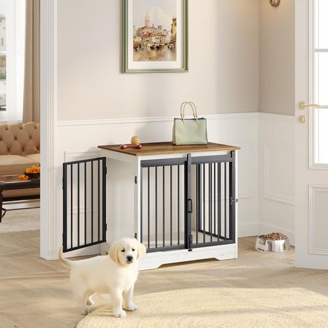 Cage pour chien en bois avec 2 portes – Dimensions 62,6 x 43 x 54 cm – Anti-mastication – Sécurisée avec serrures – Table d’appoint décorative