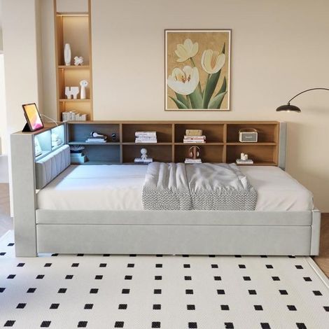 Canapé-lit gigogne - KOMHTOM - Modèle gigogne - Couchage 90x200 cm - LED intégrée USB-C - Rangement tiroirs (1/5)