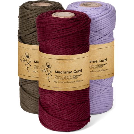 STANKE Set fil macramé 3mm 3x100 m - couleurs : Bordeaux, Vert olive, Violet - fil de coton pour crochet, DIY, paniers, attrape-rêves - corde coton pour dessous de verre, sacs - 100% cotton, torsadé (1/5)