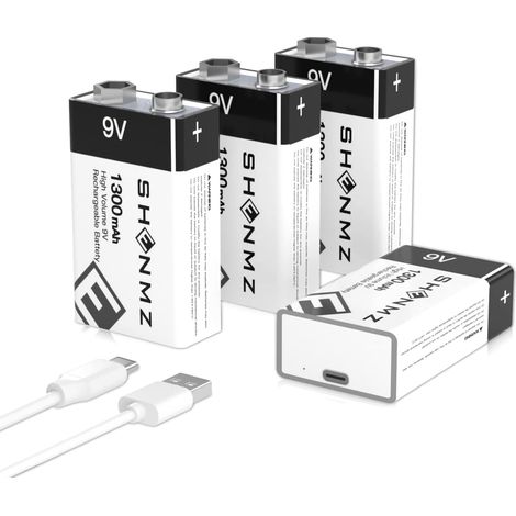 4PCS 9V Piles Rechargeables Lithium-ION, Pile 9 Volt 1300mAh Recharge Rapide par micro-USB-1500 Cycles pour détecteur de fumée-détecteur d'incendie multimètre (1/5)